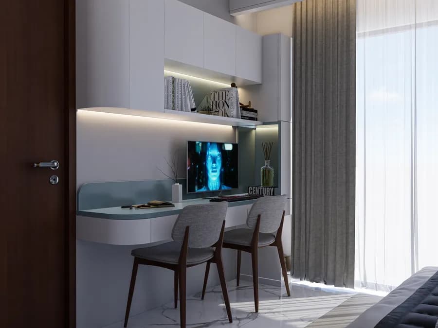 Stylish bedroom with wall art and contemporary furniture