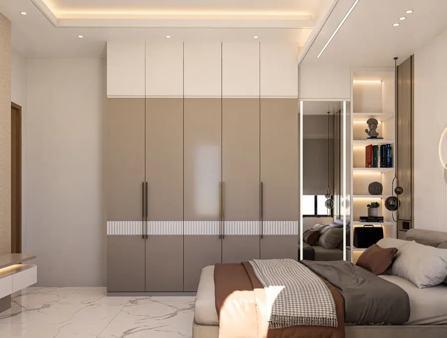 Stylish modern bedroom with wall décor and soft lighting