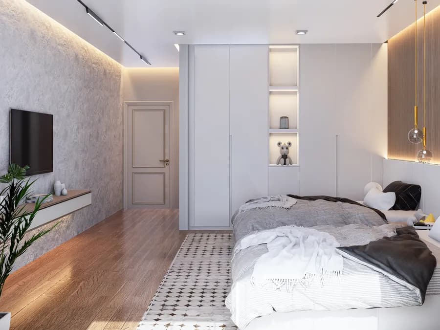 Stylish minimalist bedroom with pastel color decor