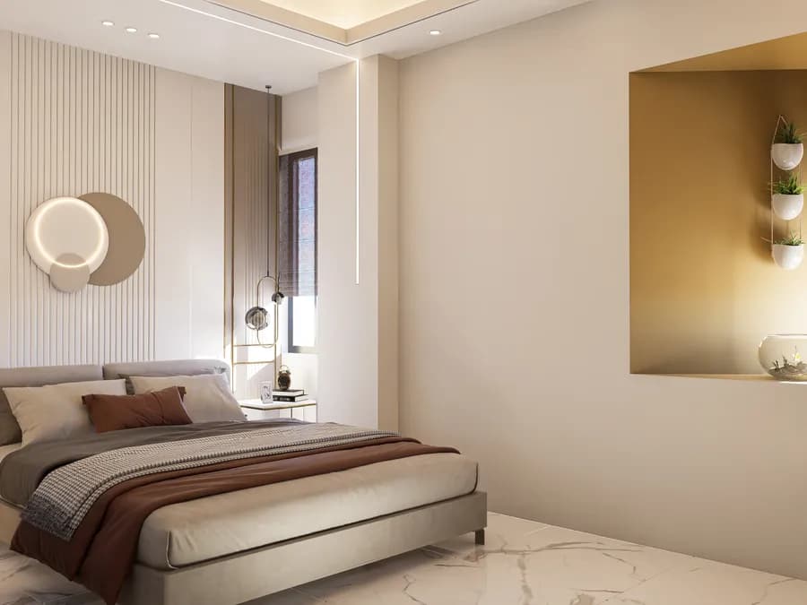 Minimalist modern bedroom design with smart storage in Bangladesh