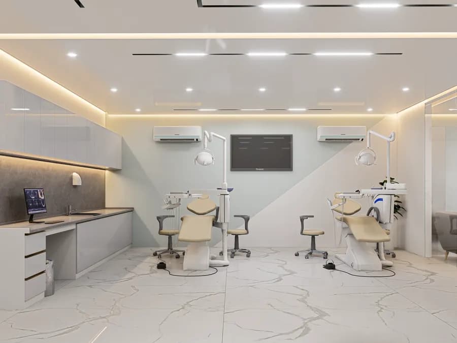Dental treatment room with ergonomic chair and modern equipment