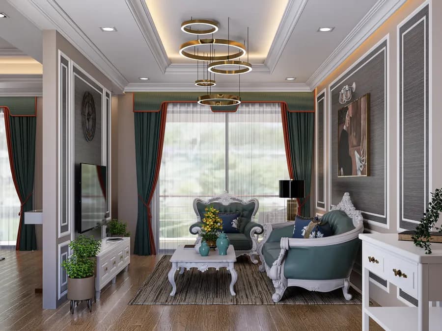 Stylish bedroom design featuring marble wall and gold decor