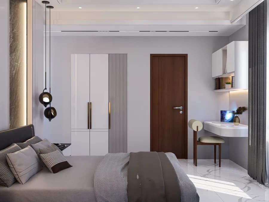Luxury apartment bedroom with chandelier and modern décor