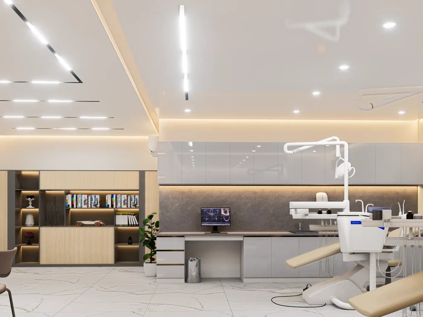 Contemporary dental office interior with calming colors