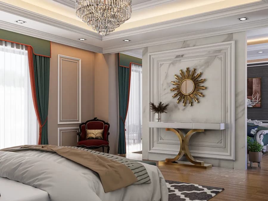 Modern bedroom with floor-to-ceiling window and ambient lighting
