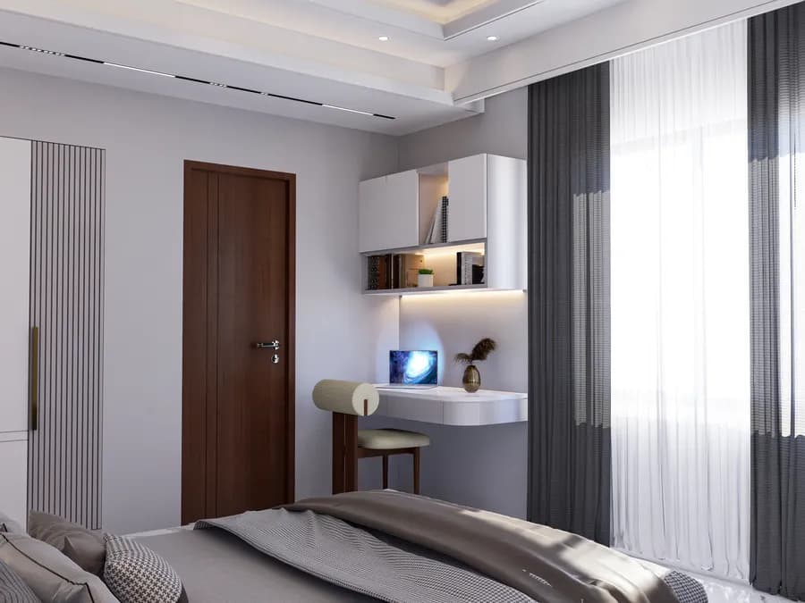 Modern luxury bedroom with upholstered bed and accent wall