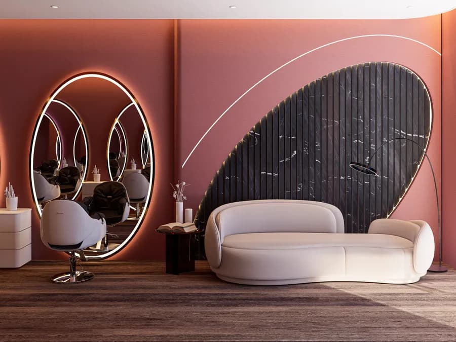Men's salon waiting area with comfortable seating