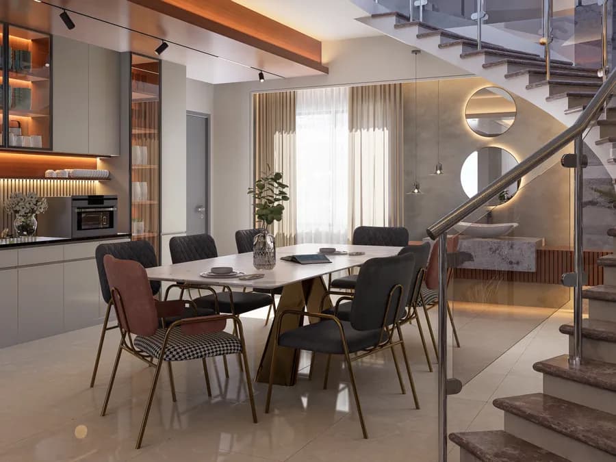 Duplex living room design with modern sofa and lighting