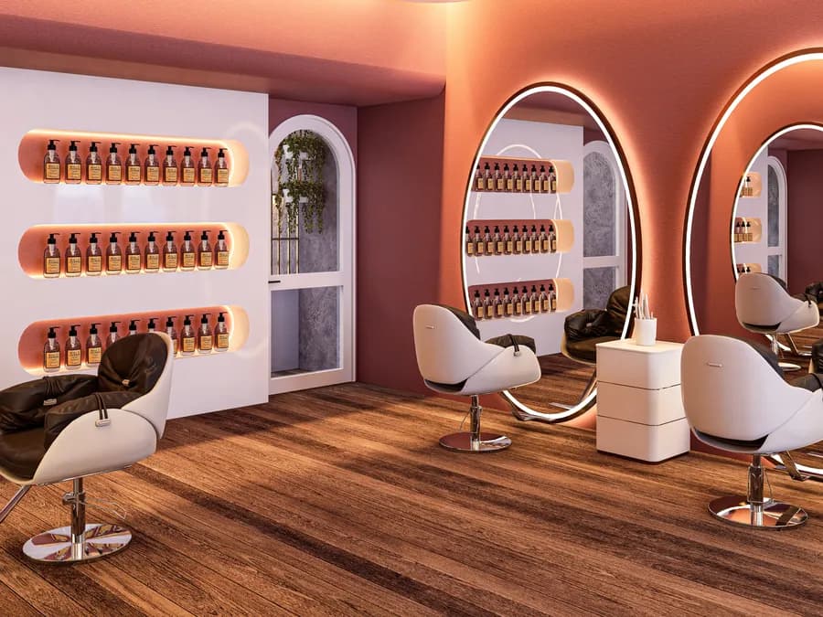Men’s grooming salon with modern lighting and mirrors