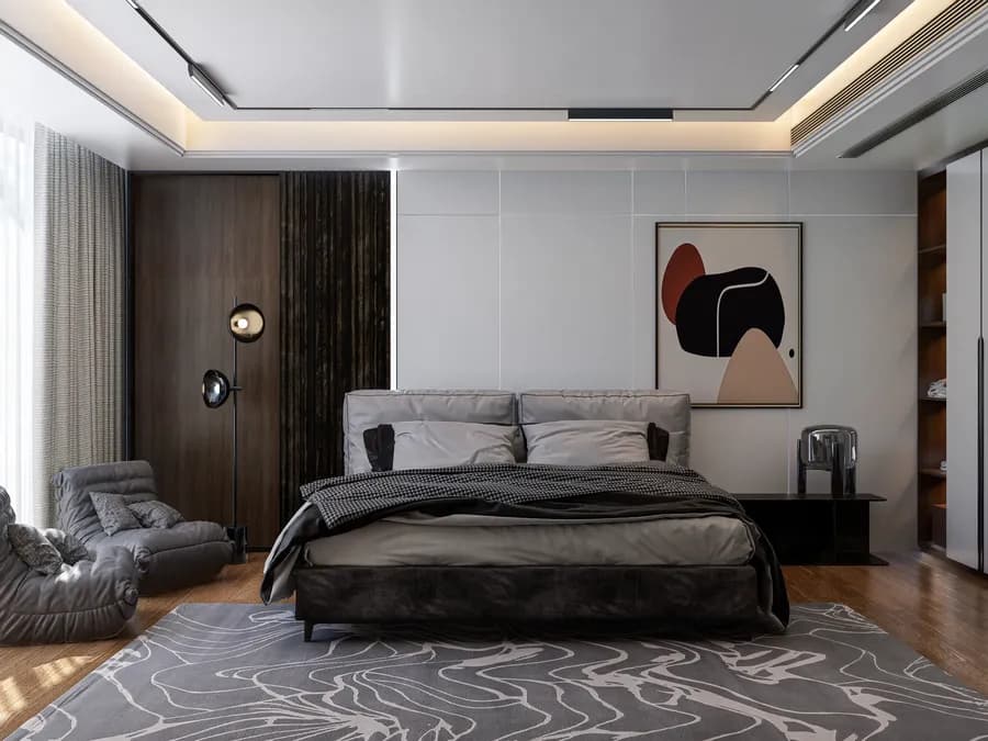 Modern couple bedroom design with wall panel detailing