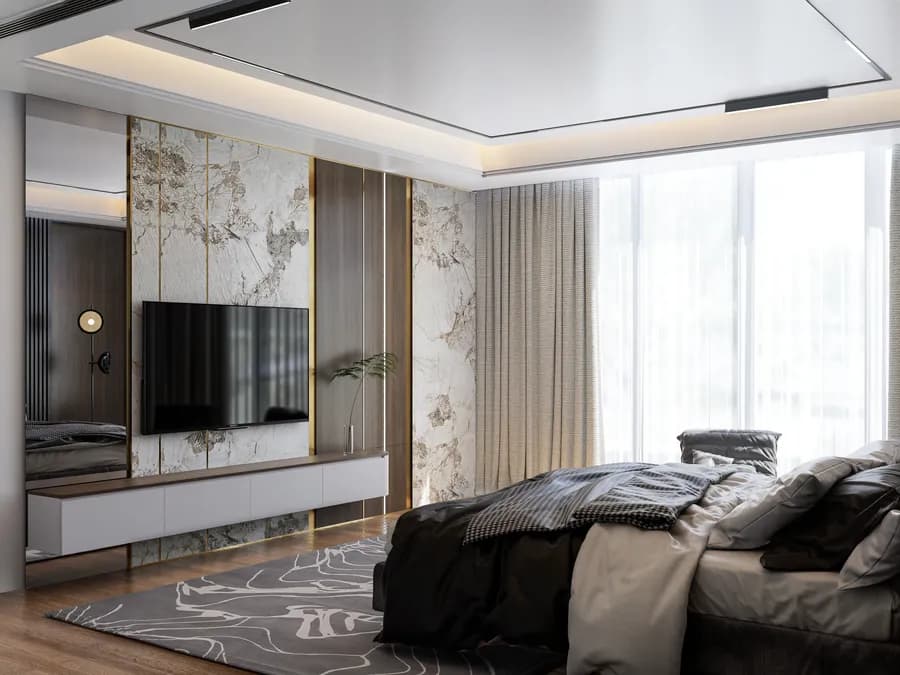 Luxury apartment bedroom interior with textured wall design