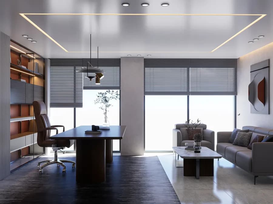 Executive office room interior with modern workspace aesthetics