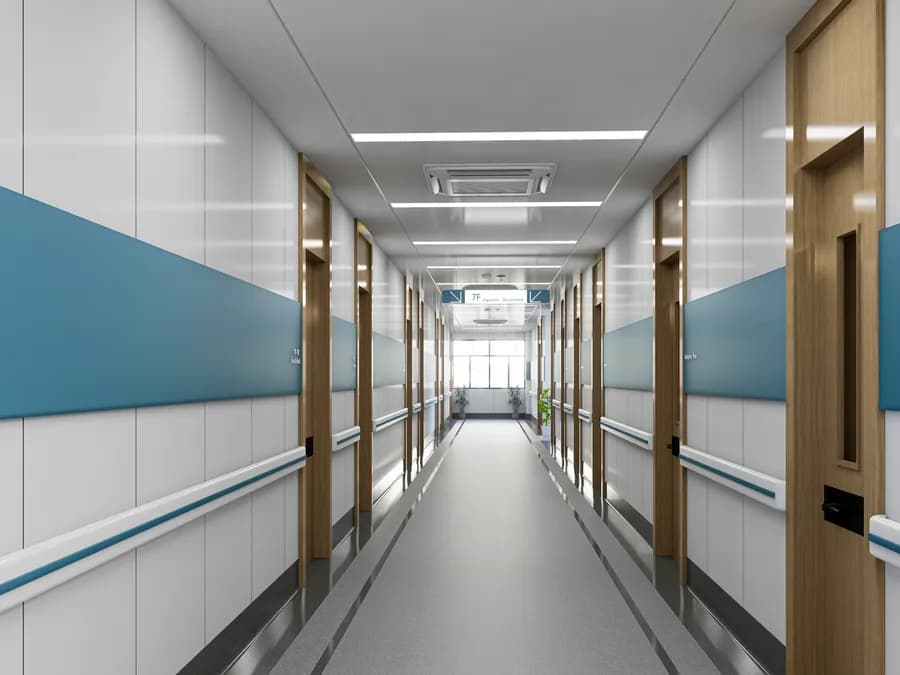 Spacious hospital lobby interior with modern medical aesthetics