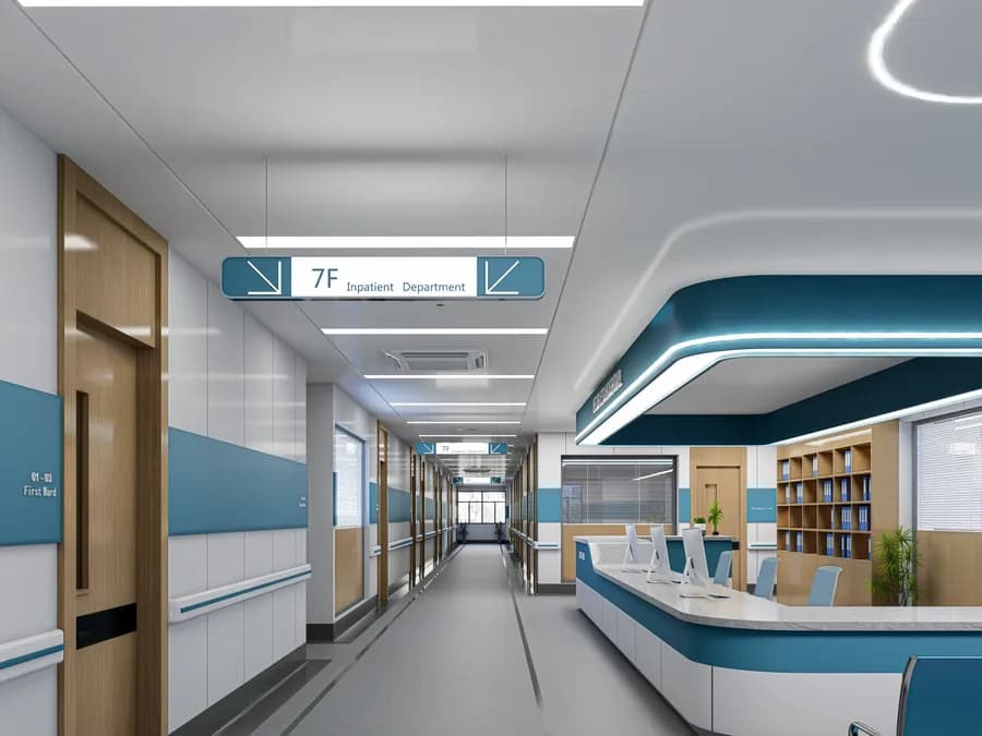Contemporary hospital reception area with patient seating