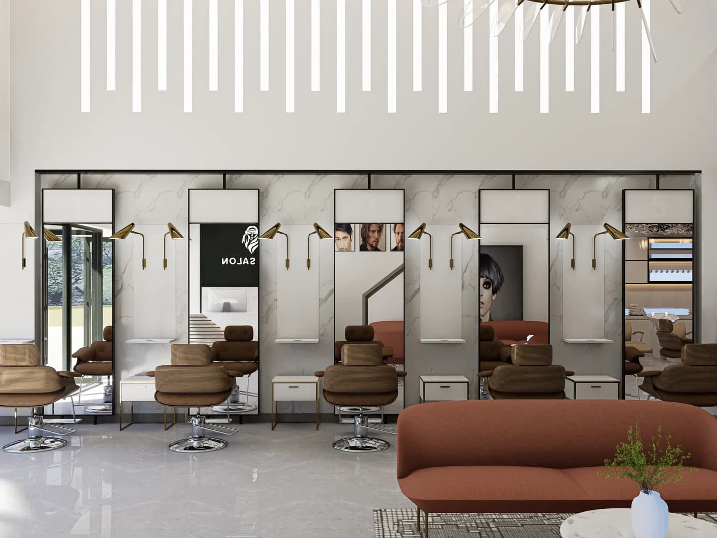 Modern men's salon interior design in Bangladesh with stylish furniture