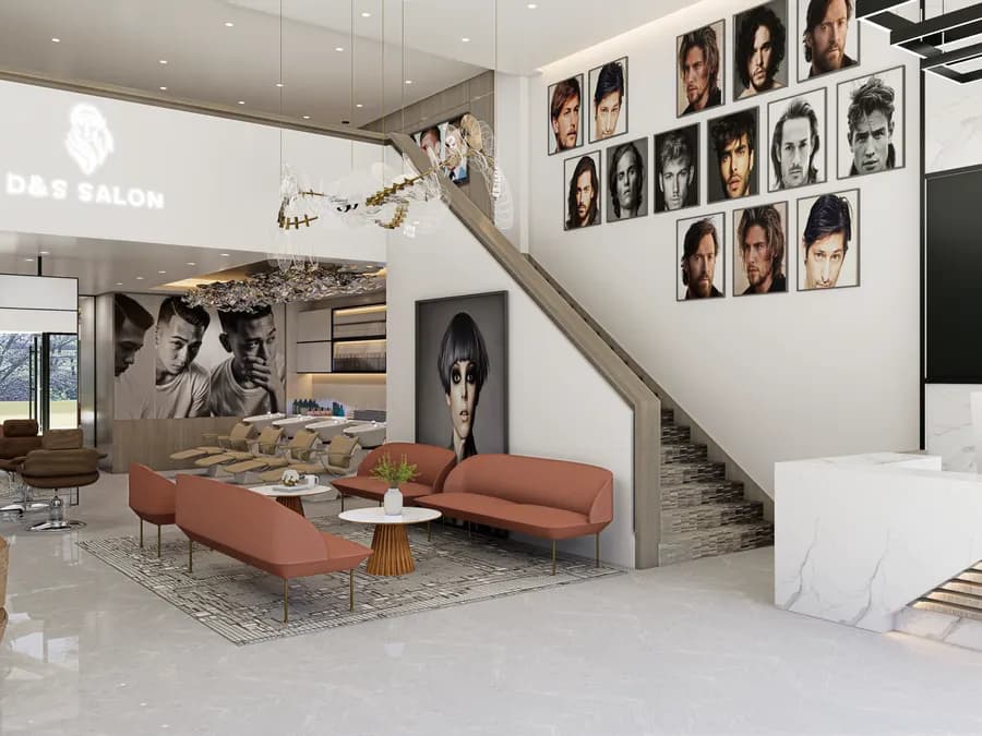 Luxury barber shop interior design with premium seating and lighting