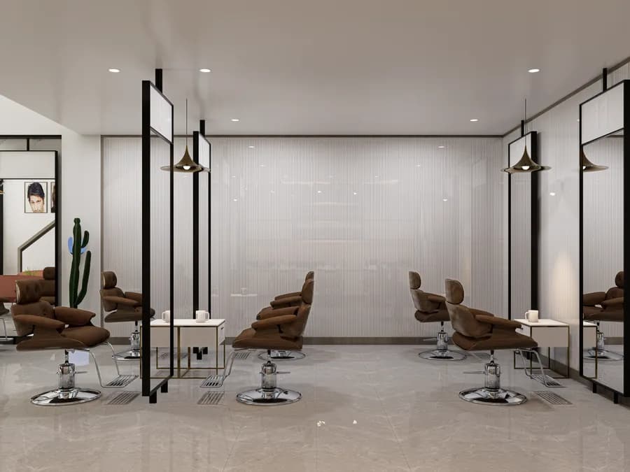 Trendy men’s salon interior design featuring elegant mirrors and chairs