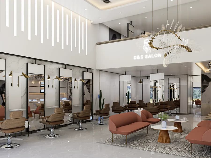 Small men’s salon interior design with space-saving layout