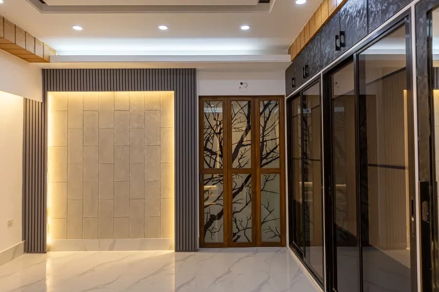 Modern bedroom interior with ambient ceiling lighting