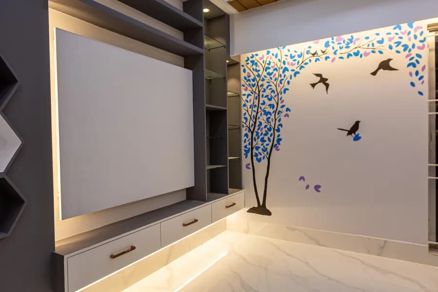 Modern flat interior design with elegant wooden textures