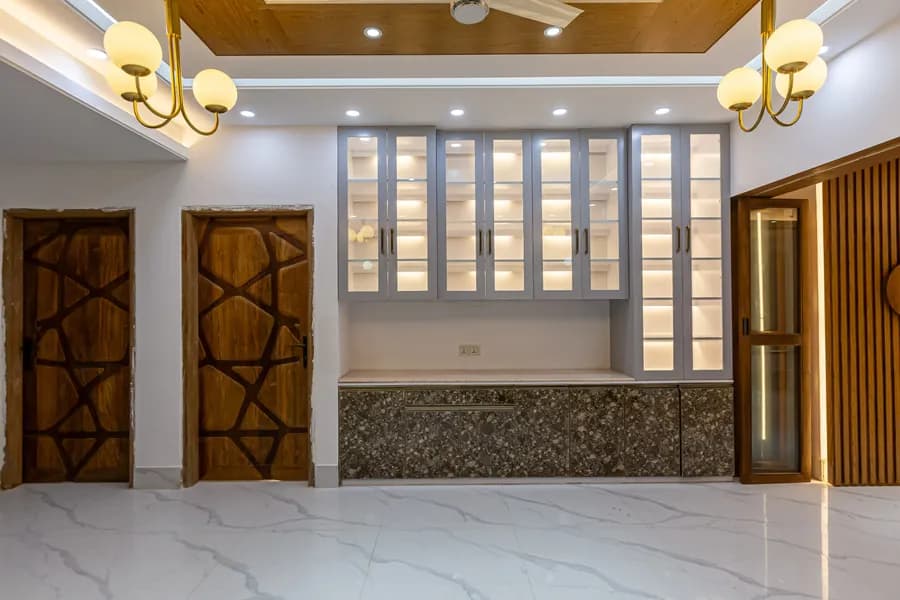 Stylish residential hallway interior with wooden wall panels