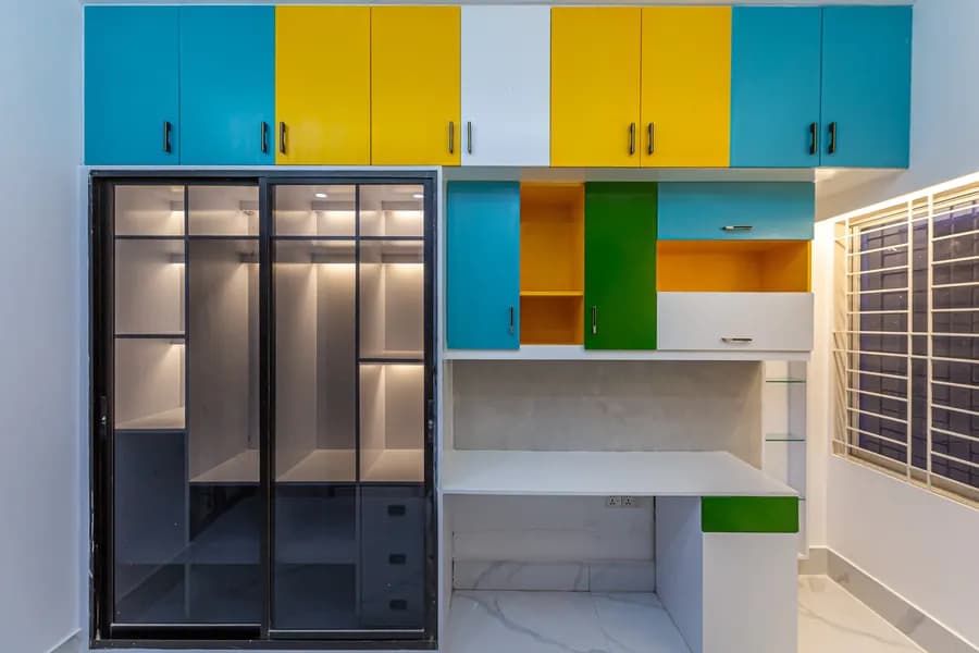 Modern residential interior with colorful cabinet design