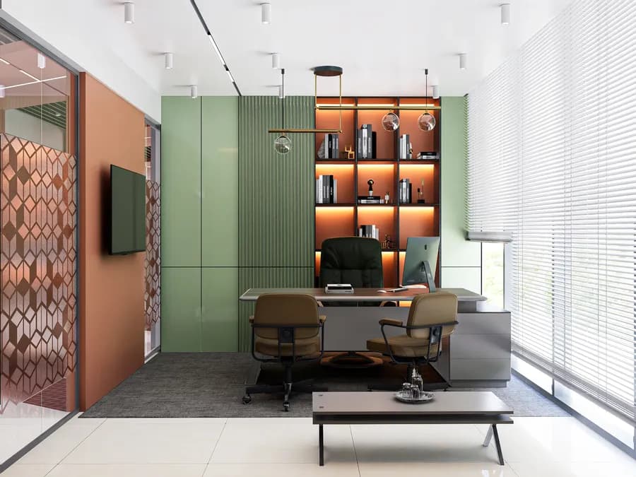 Executive cabin with premium desk and glass partition in corporate office