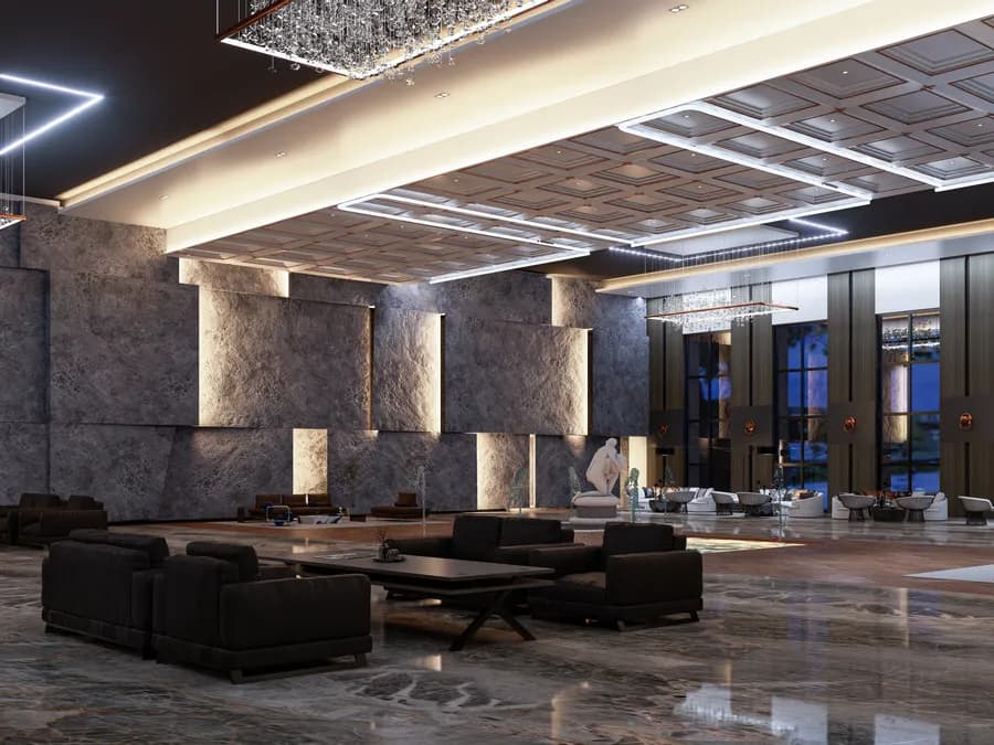 Sophisticated hotel lobby seating area with luxury décor