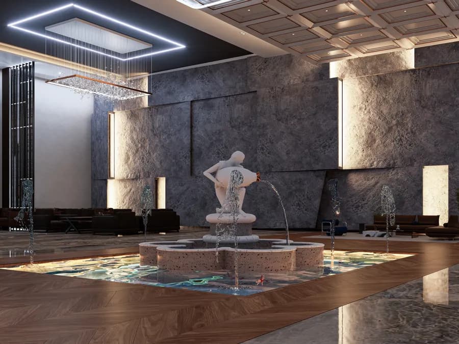 Luxury hotel entrance lobby with contemporary interior aesthetics
