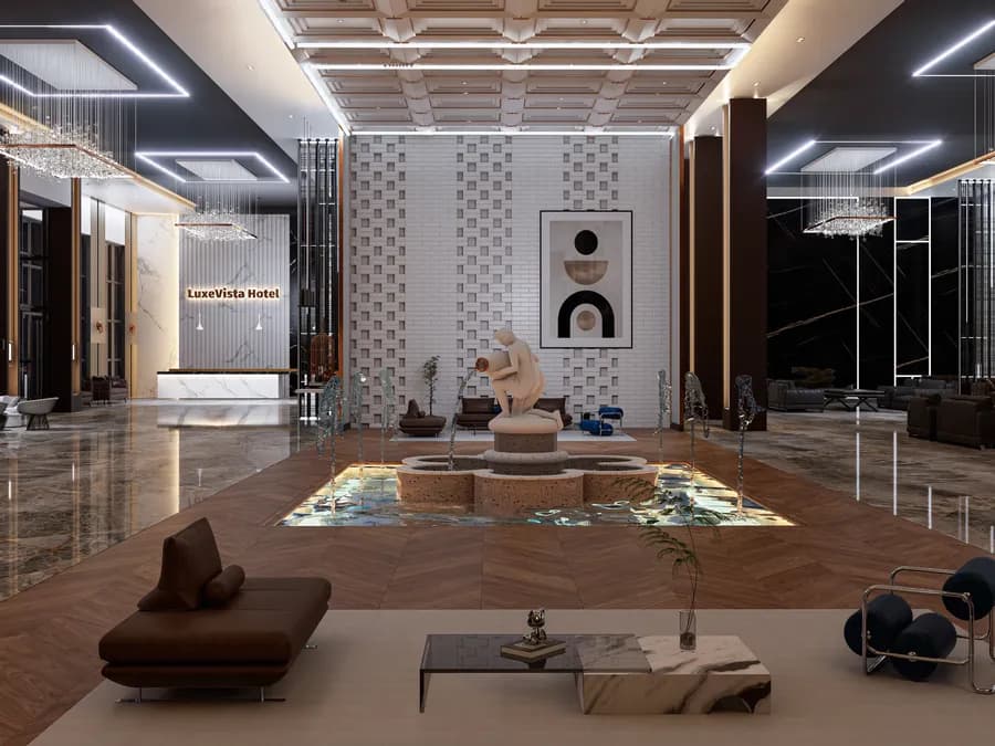 Premium hospitality interior space with modern architectural lighting