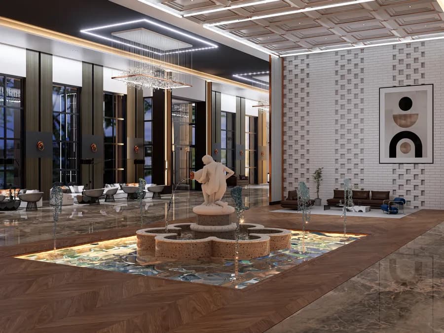 Luxury 5 star hotel lobby interior design with marble flooring