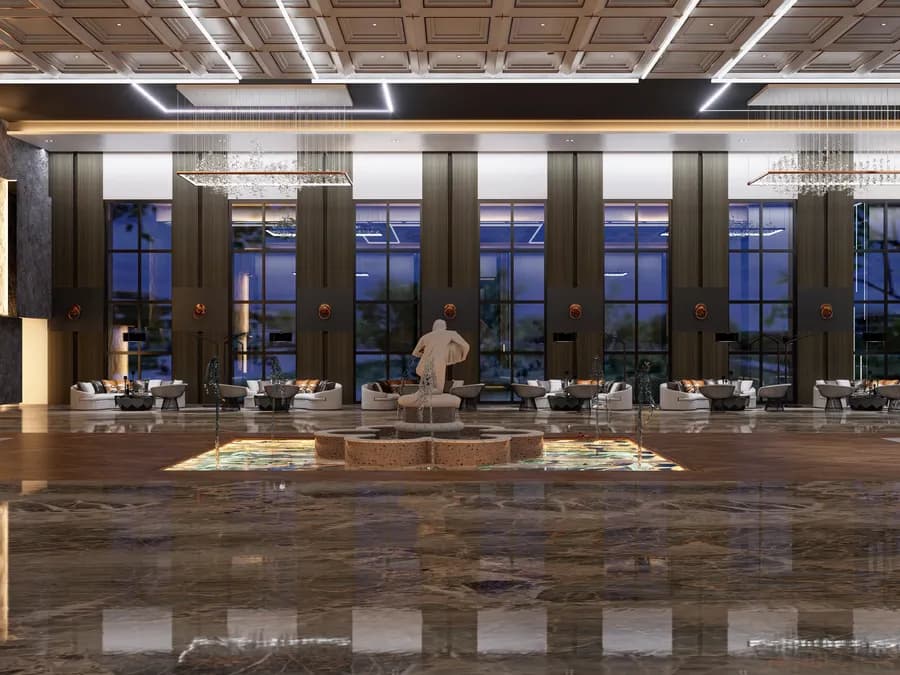 Premium hospitality lounge interior with elegant lighting design