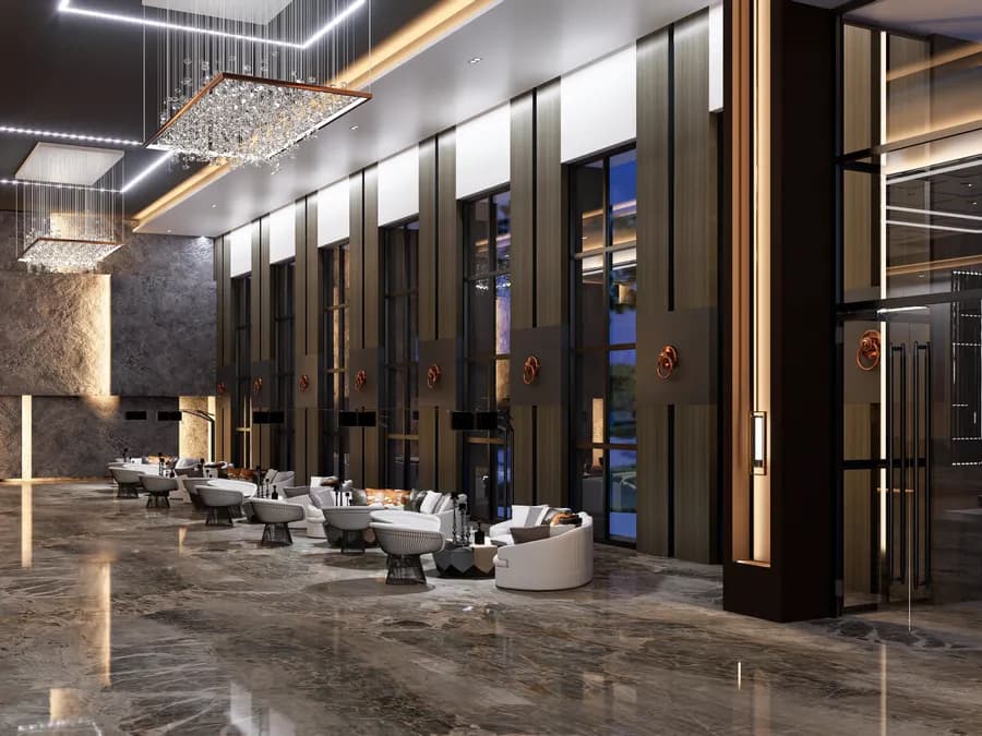 Contemporary luxury hotel lobby with decorative ceiling lights