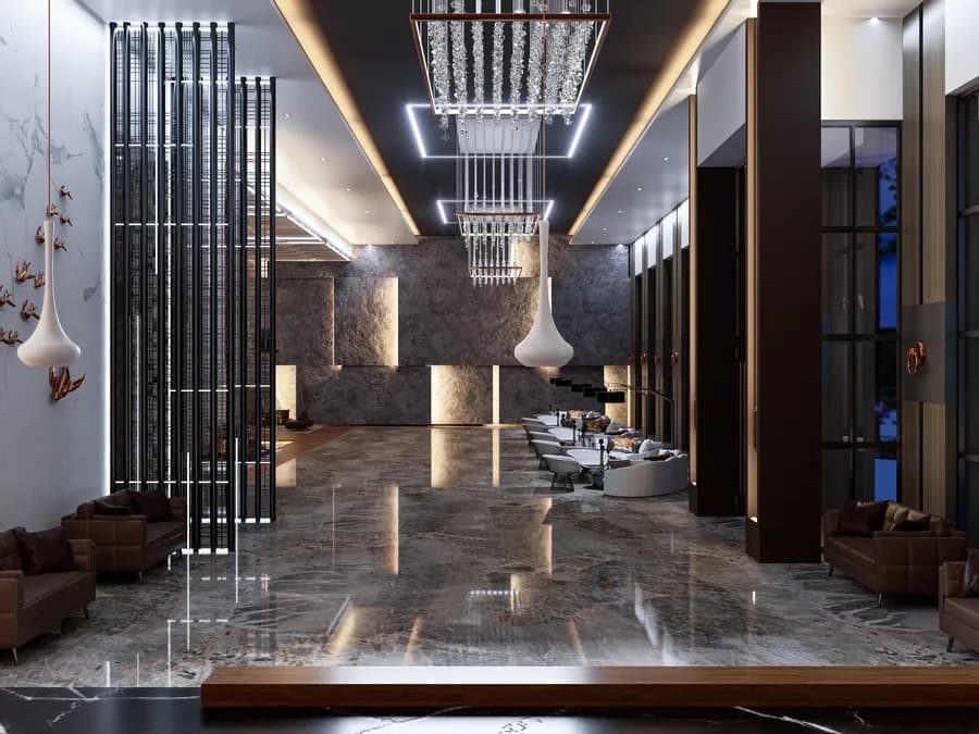 Elegant hotel waiting area interior with modern furniture