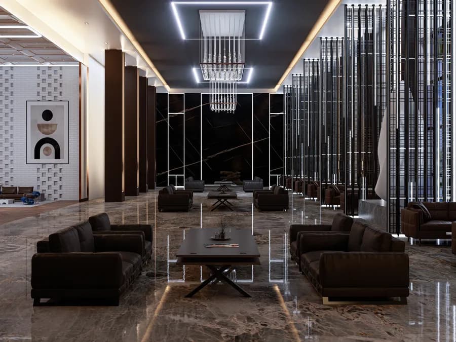 Spacious 5 star hotel lounge design with ambient lighting